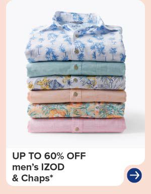 A stack of folded polos. Up to 60% off men's Izod and Chaps.