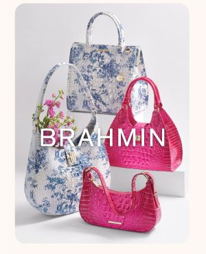  An image of four Brahmin handbags and the logo.