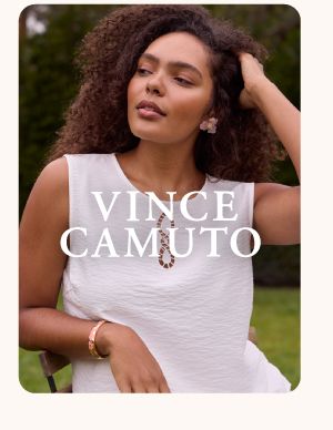 An image of a woman wearing Vince Camuto and the logo. 