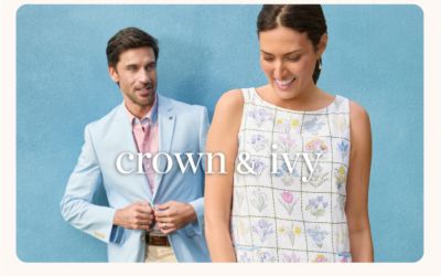 An image of a man and woman wearing Crown and Ivy and the logo. 