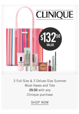 An assortment of Clinique beauty products, a multi color striped tote. 3 full size & 3 deluxe size summer must haves and tote. 29.50 with any Clinique purchase. Shop now.