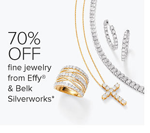 An image of diamond earrings, necklaces and rings. 70% off fine jewelry from Effy and Belk Silverworks.