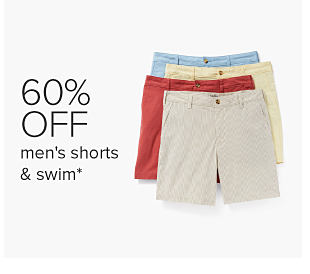 Men's shorts in blue, yellow, red and khaki. 60% off men's shorts, tees and swim.