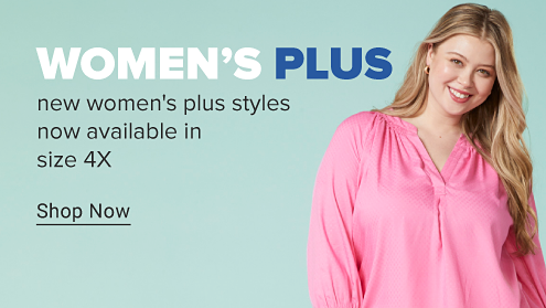 A woman in a pink long sleeve shirt against a green background. Women's plus. New women's plus styles now available in size 4X. Shop now. 