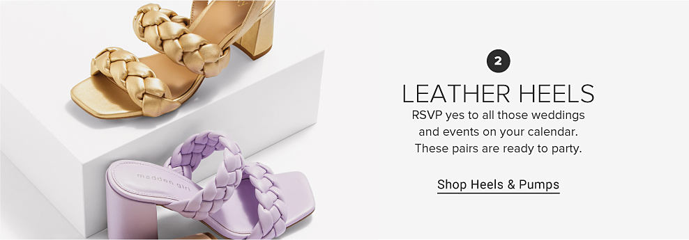 Image of gold and lavender braided leather heels 2: LEATHER HEELS RSVP yes to all those weddings and events on your calendar. These pairs are ready to party. Shop Heels & Pumps