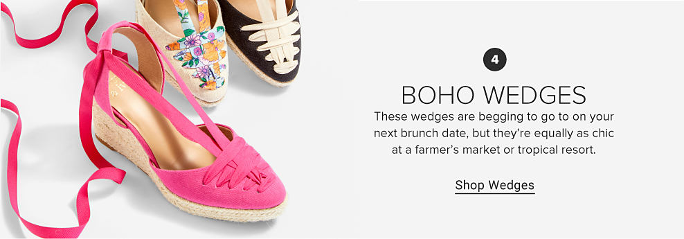 Image of lace up wedges with espadrille bottoms 4: BOHO WEDGES These wedges are begging to go to on your next brunch date, but they're equally as chic at a farmer's market or tropical resort. Shop Wedges