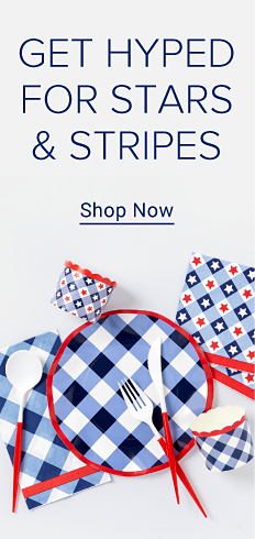 Assortment of red, white and blue plates, cutlery and napkins. Get hyped for starts & stripes. Shop Now.
