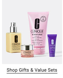 An image of a variety of skincare products. Shop gifts and value sets. 