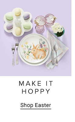  table set with eggs and plates with bunnies on them. Make it hoppy. Shop Easter.