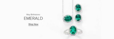 An image of emerald jewelry. May birthstone, emerald. Shop now.