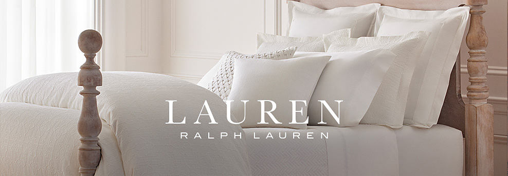 An image of a bed with Lauren Ralph Lauren bedding. 30% off select Lauren Ralph Lauren styles. The Lauren Ralph Lauren logo.