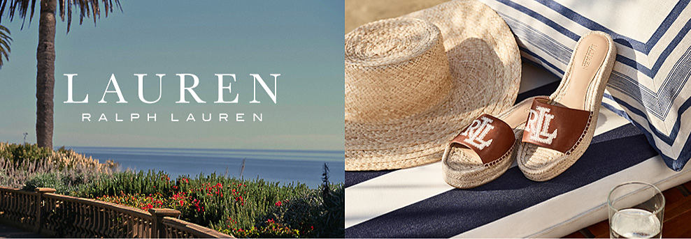 An image of Lauren Ralph Lauren sandals. 30% off select Lauren Ralph Lauren styles. The Lauren Ralph Lauren logo.