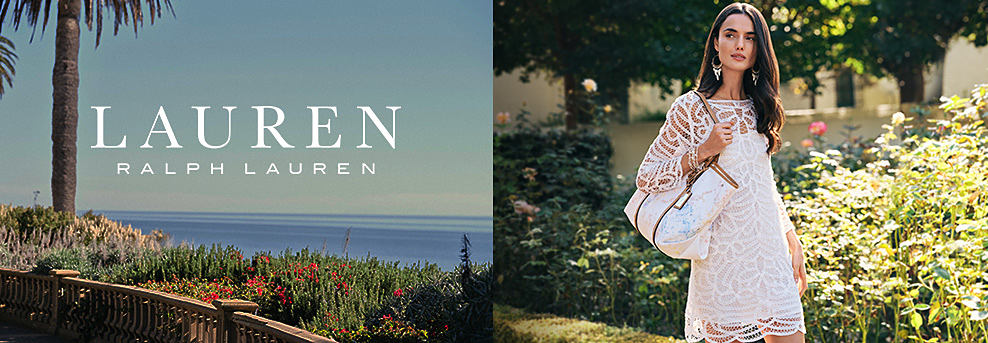 An image of a woman wearing Lauren Ralph Lauren clothing. The Lauren Ralph Lauren logo.