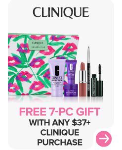 Clinique logo. Image of beauty and skin care products with a cosmetic bag. Free 7 piece gift with any $37 or more Clinique purchase.