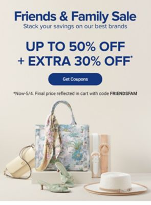Friends and family sale. Stack your savings on our best brands. Up to 50% off plus an extra 30% off with coupon code F R I E N D S F A M. Get coupons. Now to May 4. Final price reflected in cart.