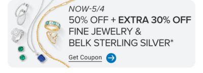 Image of assorted necklaces, rings and earrings. Now to May 4. 50% off plus an extra 30% off fine jewelry and Belk Sterling Silver. Get coupon.