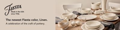 Fiesta. Made in the USA since 1936. The newest Fiesta color, linen. A celebration of the craft of pottery. Various tableware.