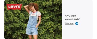 An image of a woman wearing Levi's apparel. The Levi's logo. 30% off women's Levi's. Shop now.