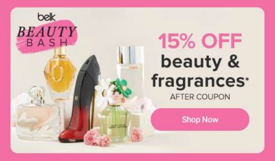 Beauty Bash logo. Image of various fragrance bottles. 15% off beauty and fragrances after coupon. Shop now.