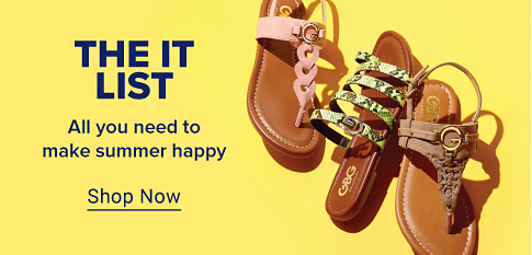 A sandal with a pink braided thong design and ankle strap. A slip-on sandal with green straps. A brown sandal featuring a braided thong design and ankle strap. The It List. All you need to make summer happy. Shop now.