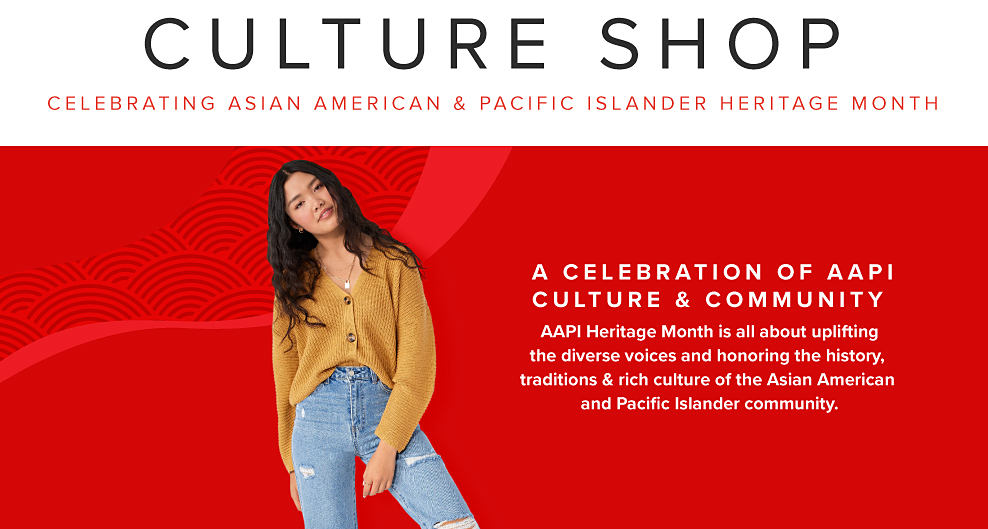 Culture shop. Celebrating Asian American and Pacific Islander Heritage Month. Young woman wearing a yellow blouse and jeans. A celebration of AAPI culture and community. AAPI Heritage Month is all about uplifting the diverse voices and honoring the history, traditions and rich culture of the Asian American and Pacific Islander Community. 