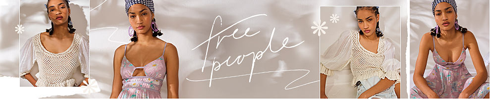 Two images of a woman wearing a beige blouse and two images of a woman wearing a light purple floral dress. The Free People logo.