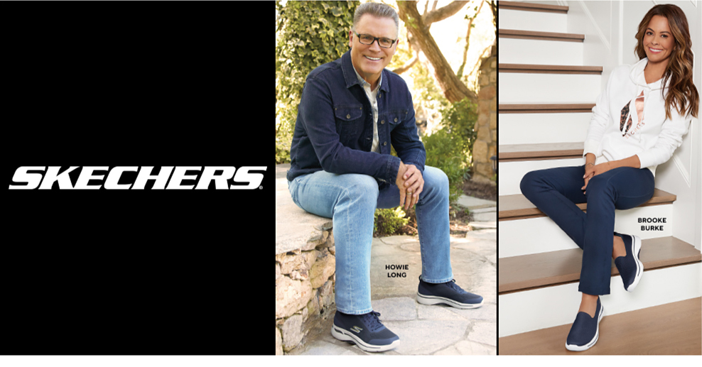 Skechers. A man, Howie Long, wearing a navy jacket, white shirt, jeans and navy Skechers. A woman, Brooke Burke, wearing a white hoodie with a graphic on the front, navy pants and navy slip on sneakers.