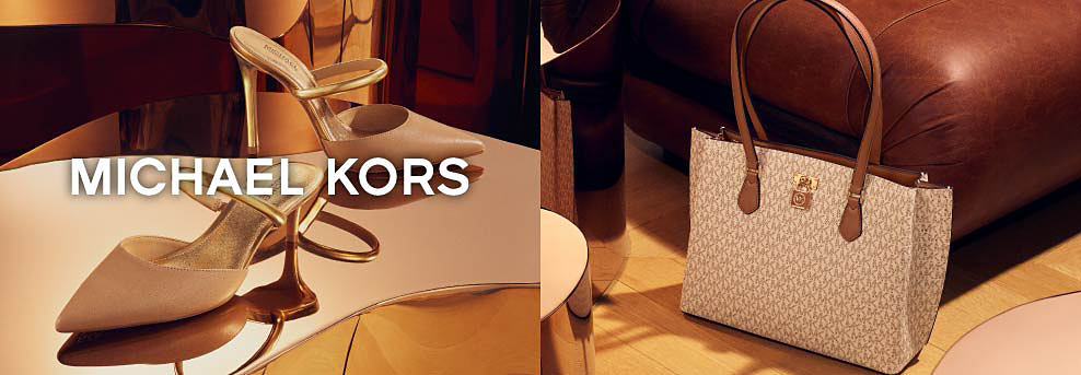 Michael Kors. An image of pointed toe heels sitting on a table. An image of a Michael Kors handbag sitting on the floor. 
