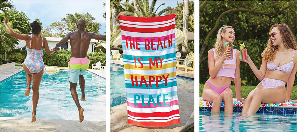 An image of a man and woman jumping into a pool. An image of a beach towel that reads the beach is my happy place. An image of two women enjoying drinks by the pool.