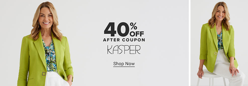 A woman in a green blazer and white pants. 40% off after coupon Kasper. Shop now