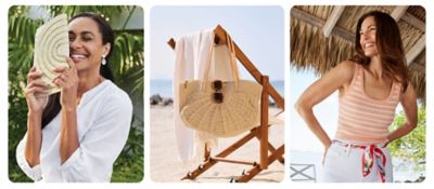 An image of a woman wearing a white outfit and holding a handbag. An image of a handbag hanging off of a beach chair. An image of a woman wearing a stripe tank top and white pants.