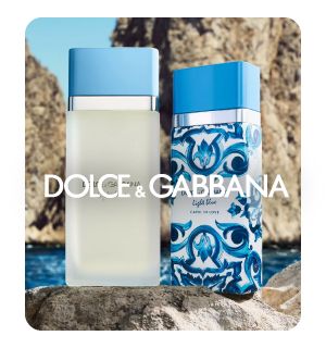 Dolce and Gabbana perfumes in blue and white bottles. Shop Dolce and Gabbana.