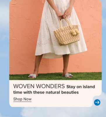 An image of a woman wearing a midi skirt and holding a woven handbag. Woven wonders. Stay on island time with these natural beauties. Shop now.