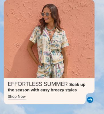 An image of a woman wearing a matching top and shorts set. Effortless summer. Soak up the season with easy breezy styles. Shop now.