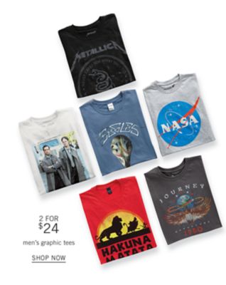 A variety of printed graphic tees. 2 for $24 men's graphic tees. Shop now.
