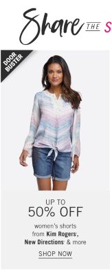 A woman in a white top with blue jean shorts. Doorbuster. UP to 50% off women's shorts from Kim Rogers, New Directions, and more. Shop now.
