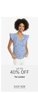 A woman in a blue and white gingham top and white pants. Up to 40% off The Limited. Shop now.