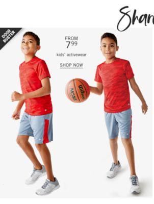 A boy wearing activewear and dribbling a basketball. Doorbuster. From 7.99 kids' activewear. Shop now.