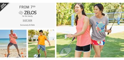A man in activewear running at the beach, a boy in activewear playing soccer and two women in activewear playing badminton. From 7.99 Zelos for the family, exclusively at belk. Shop now.