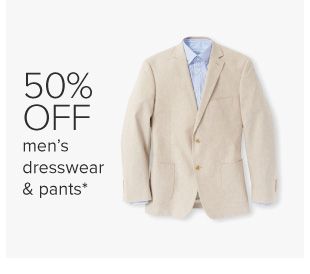 A beige sport coat over a blue dress shirt. 50% of men's dresswear and pants.