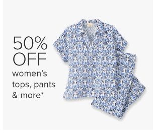 Blue and white women's tops and pants. 50% off women's tops, pants and more.