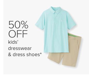 A mint short sleeve shirt and khaki shorts. 50% off kids' dresswear and dress shoes.