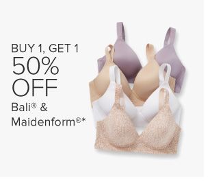 Bras in purple, beige and white. Buy one, get one 50% off Bali and Maidenform.