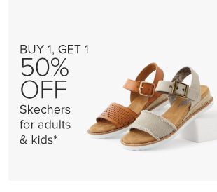 Brown and beige women's sandals. Buy one, get one 50% off Skechers for adults and kids.