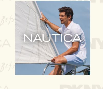 An image of a man wearing a polo and shorts. The Nautica logo. 