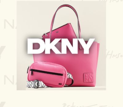 An image of pink handbags. The DKNY logo. 