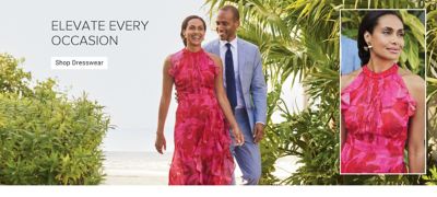 An image of a man and woman wearing dress clothes, and another image showing a closeup of the woman in a pink dress. Elevate every occasion. Shop dresswear.