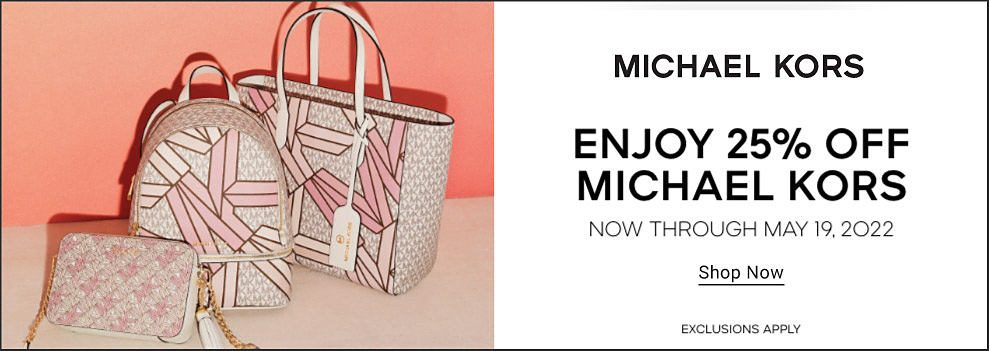Three Michael Kors bags with a light pink and beige abstract print. The mother's day event. Enjoy 25% off Michael Kors, Now through May 17, 2022. Shop now. Exclusions apply.