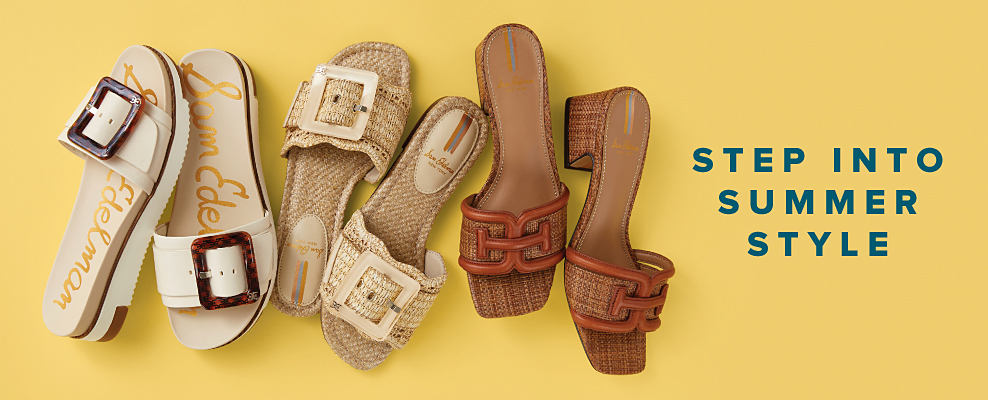 An image of a variety of sandals in tan and brown colors. Step into summer style.