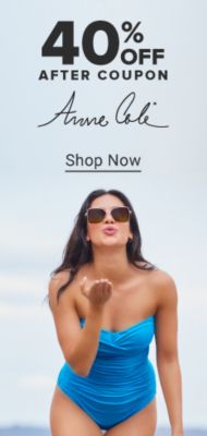 40% off after coupon Anne Cole. A woman in a blue swimsuit.